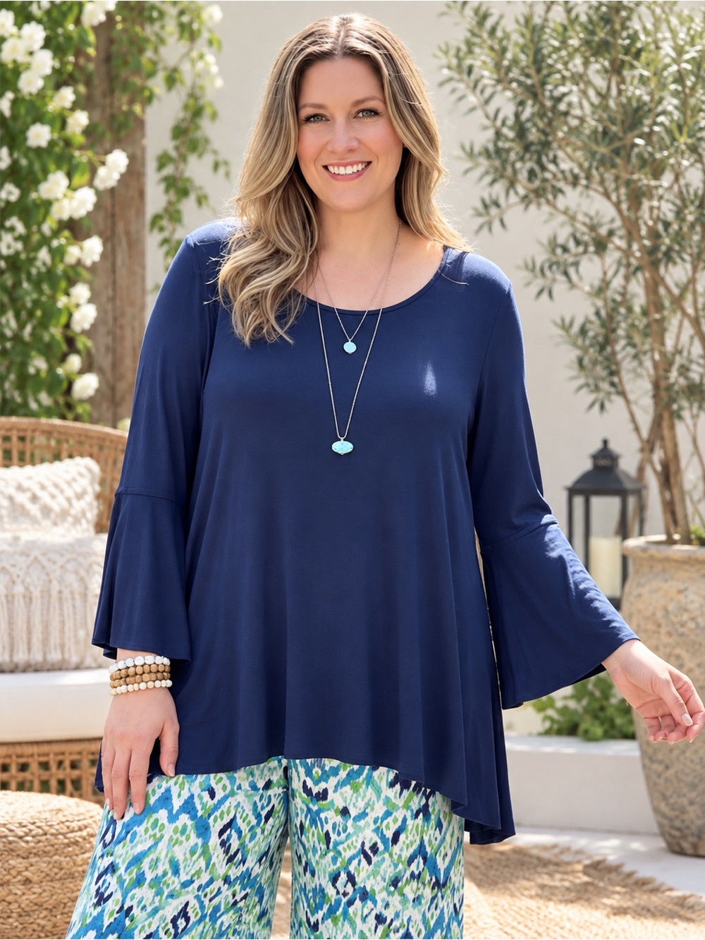 Kim & Cami Navy Bell-Sleeve Tunic Top